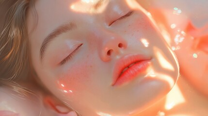 Fototapeta premium A close-up of a young woman with soft, glowing skin, creating a serene, ethereal vibe with gentle light reflecting off her face. Perfect for beauty, skincare, or relaxation-themed websites, ads, or a