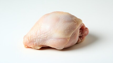 A fresh raw chicken thigh, with skin on, showcasing the smooth, pale texture, displayed against a blank white background