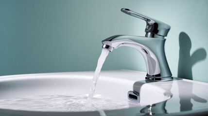Modern Chrome Faucet Running Water in White Sink Bathroom Interior Design
