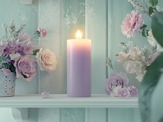 A soft lilac candle glowing on a white shelf with pastel decor and floral arrangements