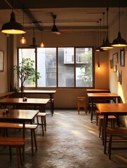A dimly lit indoor restaurant with tables and wooden benches