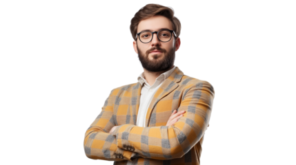 Marketing expert in a trendy outfit, innovative startup vibe, confident gaze, white background, high-quality resolution, isolated PNG