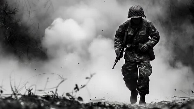 Brave infantry soldier sprinting across war torn battlefield under intense enemy fire, displaying remarkable courage during World War II combat operation