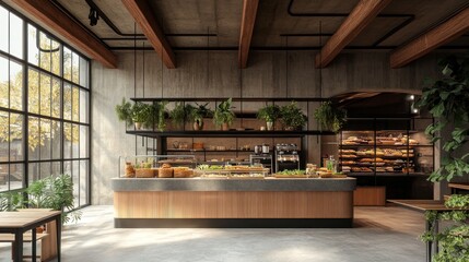 Modern Bakery Cafe Interior Design with Abundant Greenery