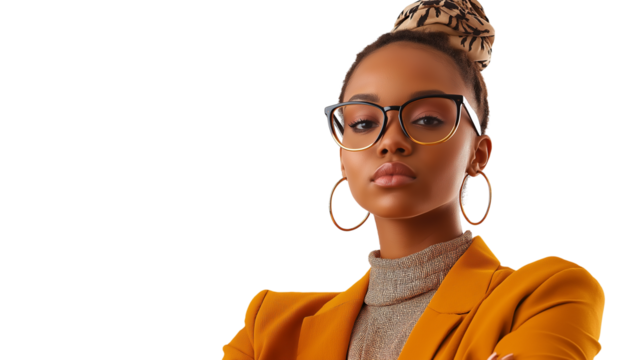 Marketing expert in a trendy outfit, innovative startup vibe, confident gaze, white background, high-quality resolution, isolated PNG