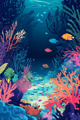 Obraz premium Illustration of a vibrant coral reef bustling with life, featuring bright fish, delicate coral, and seaweed swaying in the current. The underwater world is a kaleidoscope of colors, showing the