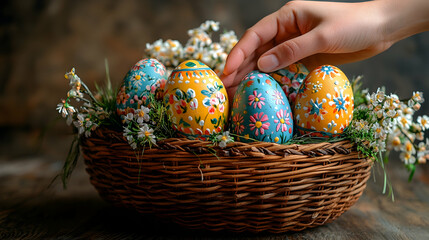 Hand arranging painted Easter eggs in a basket with flowers on a wooden table.  Perfect for spring cards