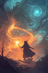 Fototapeta premium Illustration of a young wizard casting a spell with a glowing staff, surrounded by swirling magical energy. The scene evokes a sense of adventure and mystery, transporting the viewer to a world of