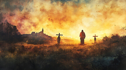 Fototapeta premium The solemn suffering of Jesus, two disciples on adjacent crosses, expansive open field beneath, faint light from a distant sunrise, dramatic shadowing, Herod's castle faint in the distance,