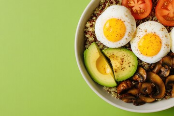 Bright bowl filled with nutritious ingredients like eggs, avocad