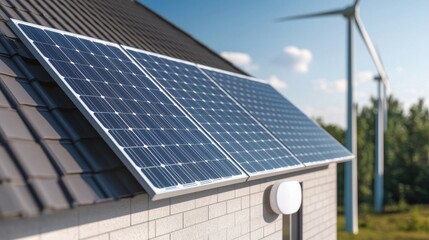 A modern home featuring solar panels on the roof and a wind turbine in the background, showcasing renewable energy solutions.