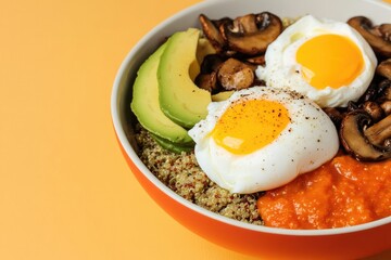 Colorful bowl featuring poached eggs, avocado, mushrooms, and qu