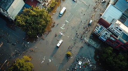 Aerial view Flood-stricken city, rescue efforts, debris