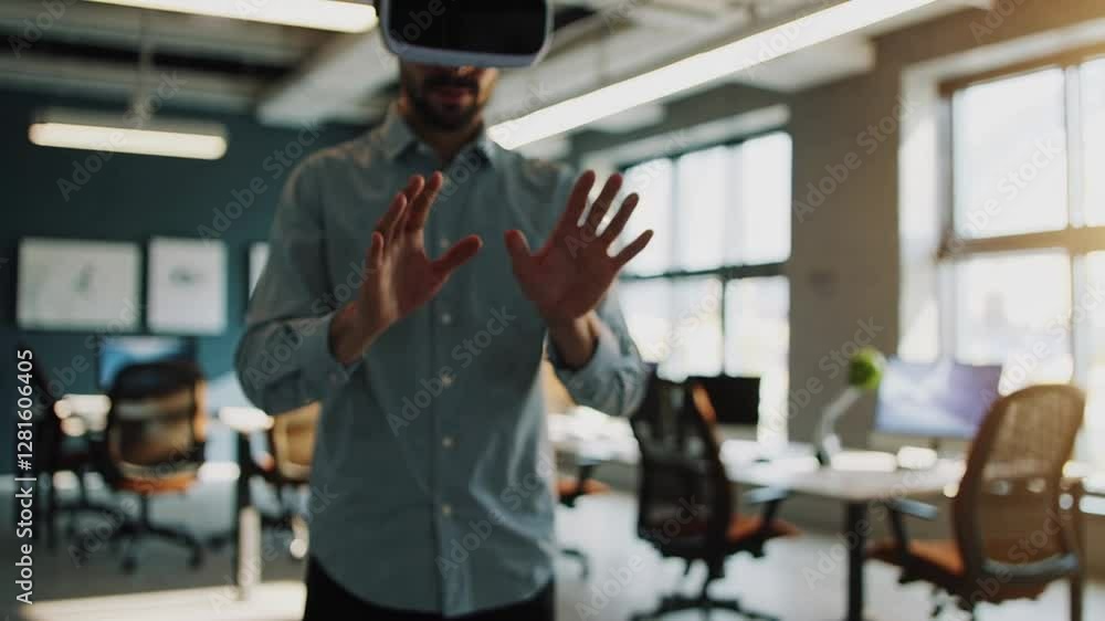 Poster Engineer wearing a vr headset explores a virtual environment, using hand gestures to interact with virtual objects in a modern office, captured in slow motion