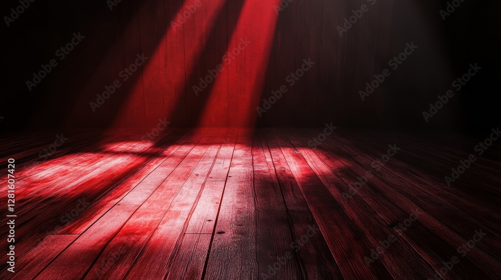 Poster sunlight streams through window creating dramatic red shadows on wooden floor
