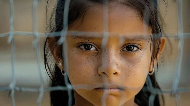 Portrait of a sad latin american child with freckles looking at the camera through a metal net