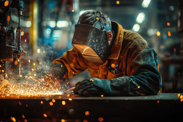 Craftsmanship shines brightly as sparks illuminate a dedicated welder's focus in an industrial workshop during the evening hours of creativity and skill