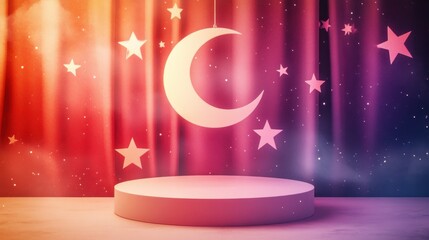 Night sky backdrop with crescent moon and stars above a platform