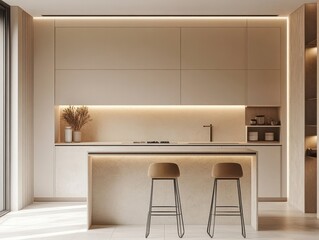 The contemporary kitchen showcases a modern design with warm lighting