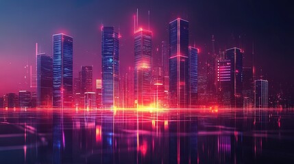 Business innovation theme with dynamic data, glowing financial symbols, and futuristic corporate buildings 