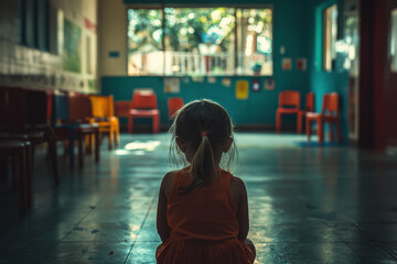 Child sitting alone in an empty classroom filled with colorful chairs during a quiet afternoon