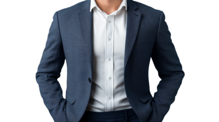 Corporate team leader in a professional blazer, inspiring and engaging gaze, neutral white background, isolated PNG