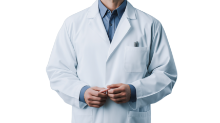 Scientist in a laboratory coat, focused expression, clean background, neutral lighting, isolated PNG