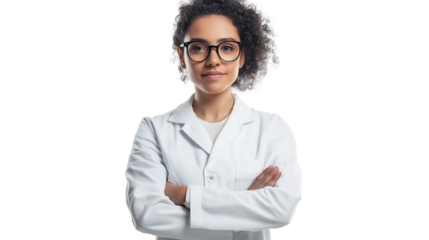 Scientist in a laboratory coat, focused expression, clean background, neutral lighting, isolated PNG
