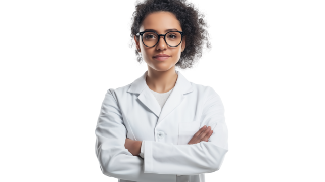 Scientist in a laboratory coat, focused expression, clean background, neutral lighting, isolated PNG