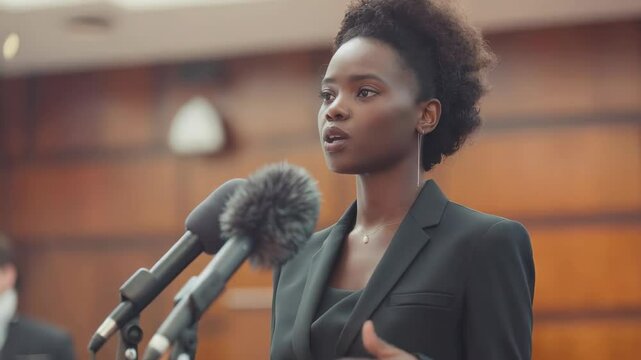 Elegant businesswoman speaking at a press conference, delivering an important message to the audience