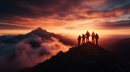 A group of people watching the sunset over the mountains.
