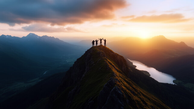 A group of people watching the sunset over the mountains.