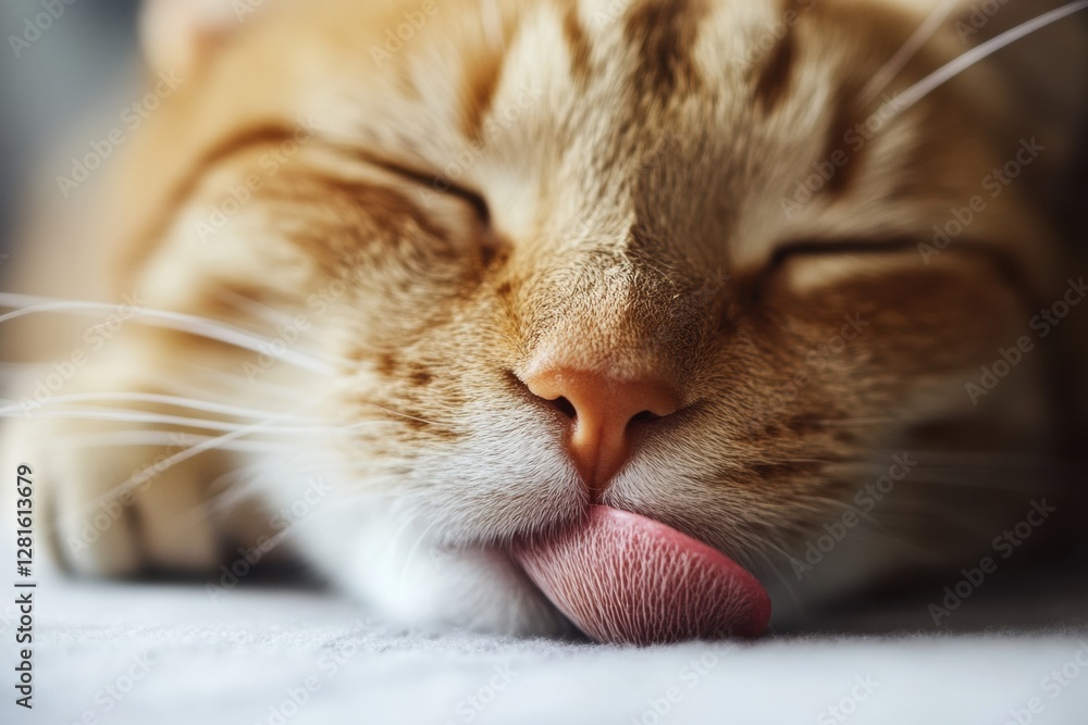 Aufkleber relaxing ginger cat with eyes closed licking its nose in cozy home environment during a sunny aftern