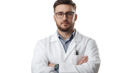 Scientist in a laboratory coat, focused expression, clean background, neutral lighting, isolated PNG