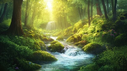 Obraz premium Sunlit forest stream flowing through lush greenery.