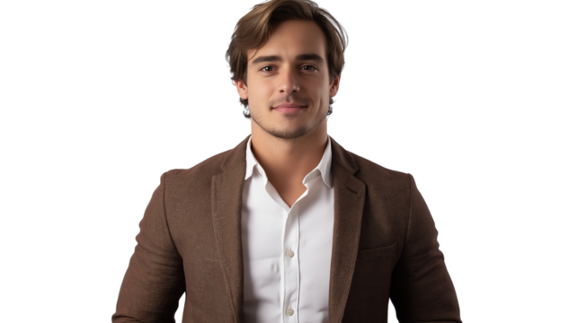 Startup founder in a casual blazer, stylish yet relaxed, confident expression, isolated PNG