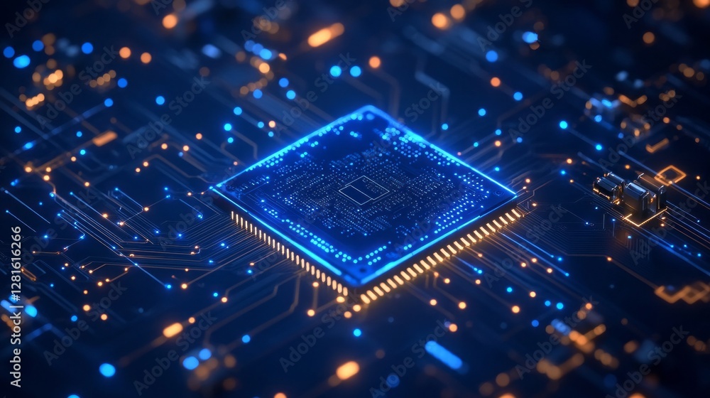 Aufkleber Illuminated circuit board technology with a mix of glowing blue and orange connections, radiating energy. This abstract representation embodies the essence of artificial intelligence and innovation.