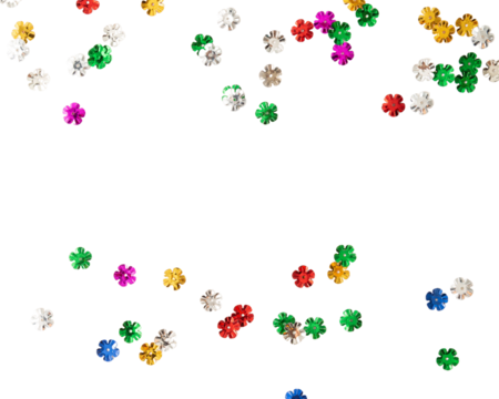 Colorful flower shaped beads scattered on transparency background create vibrant and playful atmosphere