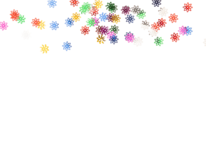 Colorful flower shapes scattered on transparency background create vibrant and cheerful atmosphere