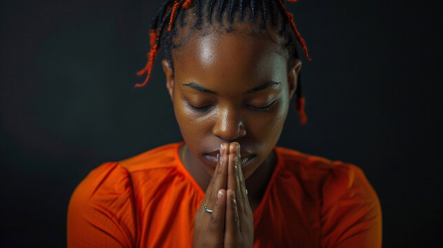 Sense of spirituality, reflection, and inner calm. Concept of faith, mindfulness, and personal connection. African American young woman praying on a black studio background. Copy paste