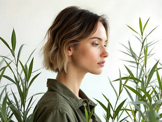 Fototapeta premium Portrait of a woman with short hair surrounded by green plants in a bright indoor setting during daytime
