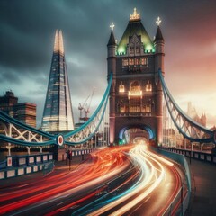 Obraz premium Tower Bridge with light trails and The Shard in the background London UK