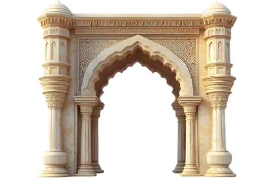 Traditional Islamic Arch with Intricate Carvings Isolated on White, 3D Illustration of Heritage and Architecture
