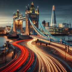 Tower Bridge with light trails and The Shard in the background London UK