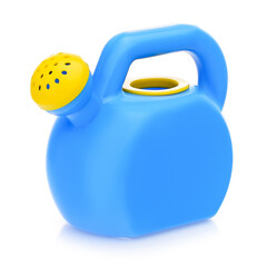 Plastic blue watering can for children's play on a white background.