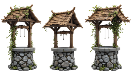 Rustic stone wishing well with wooden roof and ivy decoration medieval fantasy design png 
