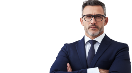 Portrait of a confident middle-aged lawyer, navy blue suit, silk tie, sophisticated glasses, charismatic expression, isolated PNG,