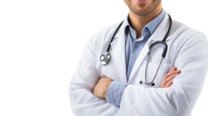 Modern-day doctor in a white coat, stethoscope around the neck, warm and reassuring smile, high-resolution, isolated PNG