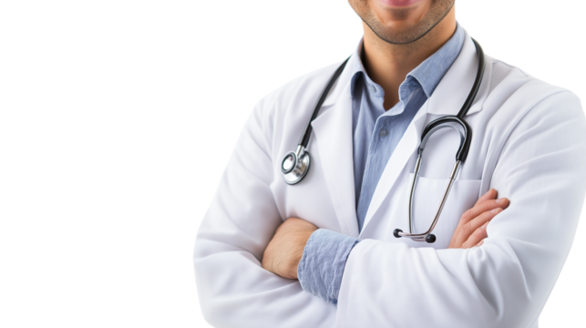 Modern-day doctor in a white coat, stethoscope around the neck, warm and reassuring smile, high-resolution, isolated PNG