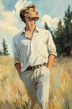 Confident male character standing in a field with a relaxed posture under a blue sky